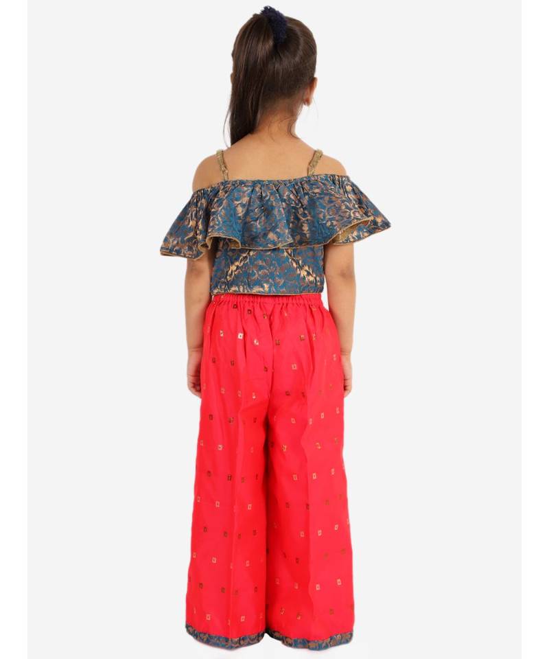 girls offshoulder top with bow and palazzo set   Blue