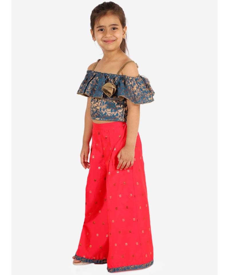 girls offshoulder top with bow and palazzo set   Blue
