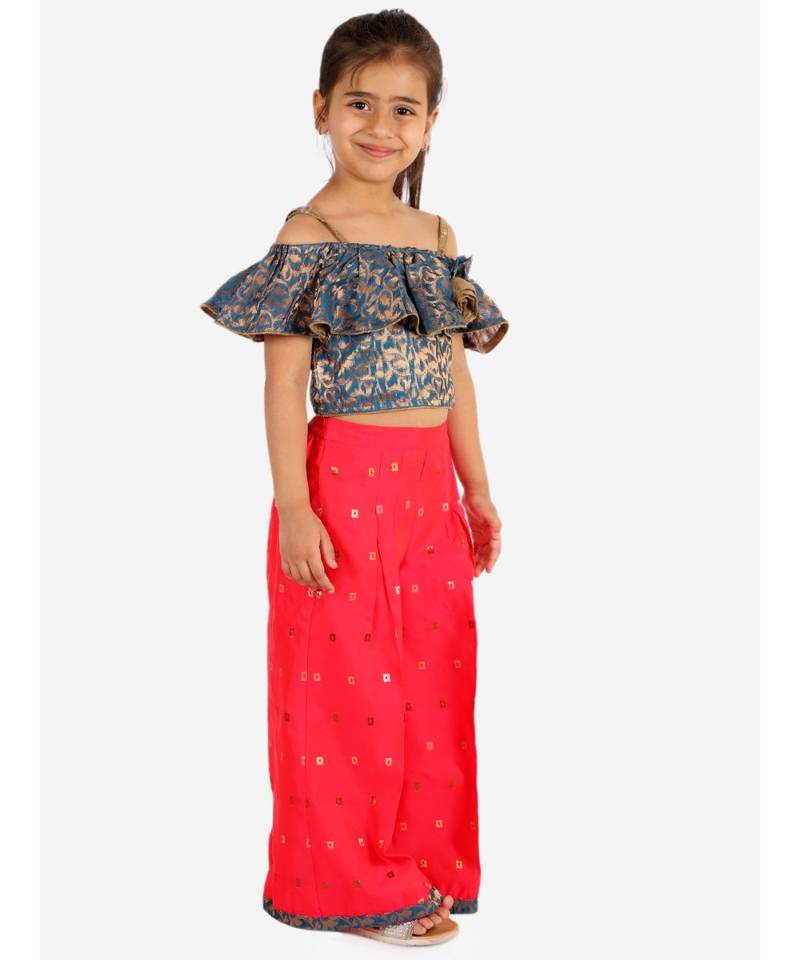 girls offshoulder top with bow and palazzo set   Blue