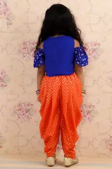Blue and Orange Ethnic Dhoti Set for Gilrs - Festive & Traditional Wear
