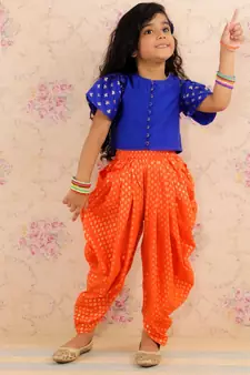 Blue and Orange Ethnic Dhoti Set for Gilrs - Festive & Traditional Wear
