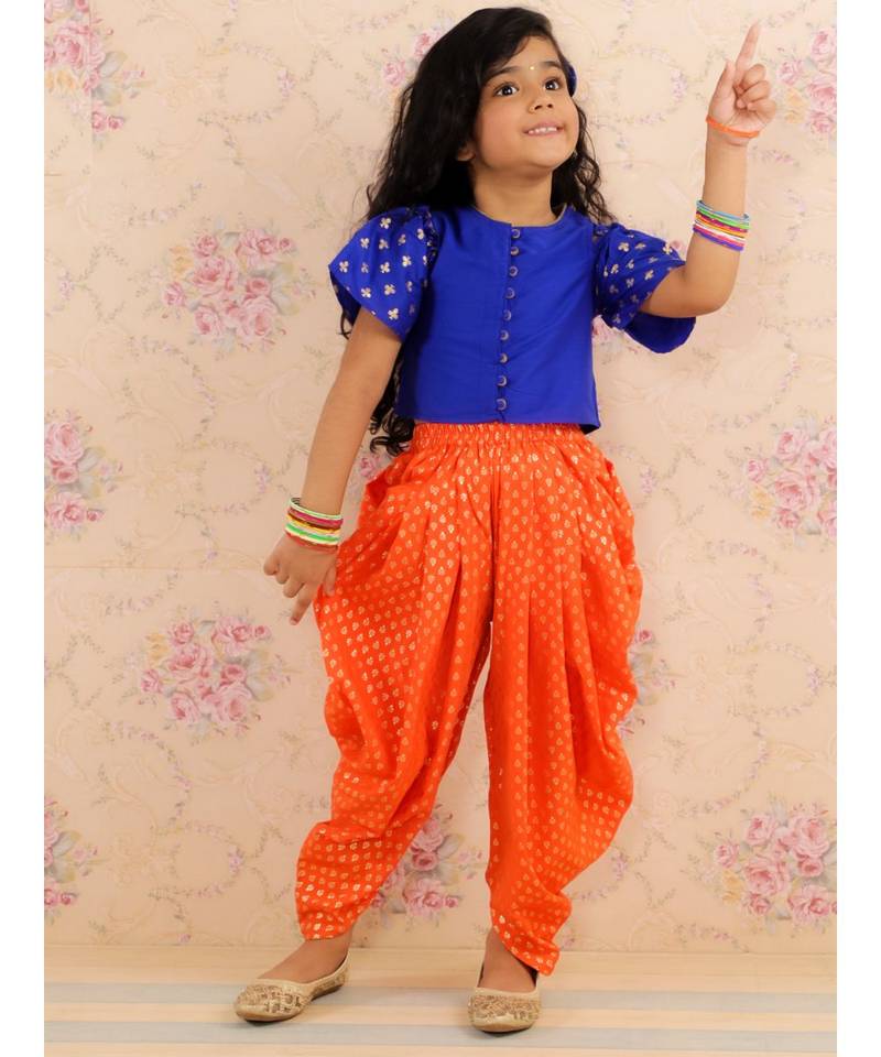 Blue and Orange Ethnic Dhoti Set for Gilrs - Festive & Traditional Wear