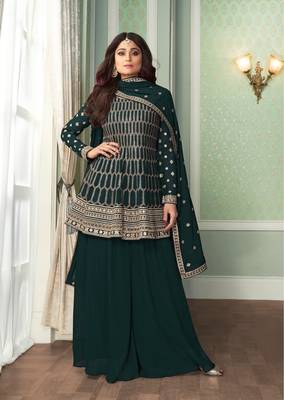 Green Faux georgette Sharara style suit with Embroidery Work 1