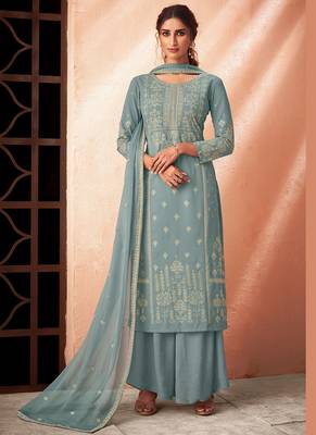 blue pure viscose embroidered semi stitched top & bottom with dupatta 1