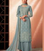 blue pure viscose embroidered semi stitched top & bottom with dupatta