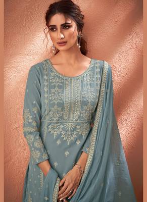 blue pure viscose embroidered semi stitched top & bottom with dupatta 2