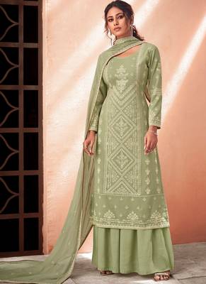 olive pure viscose embroidered semi stitched top & bottom with dupatta 1