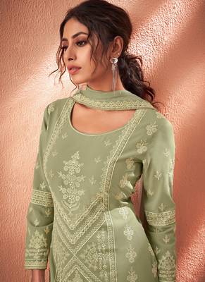 olive pure viscose embroidered semi stitched top & bottom with dupatta 2