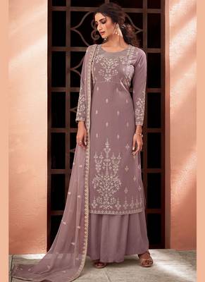 lavender pure viscose embroidered semi stitched top & bottom with dupatta 1
