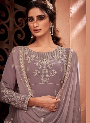 lavender pure viscose embroidered semi stitched top & bottom with dupatta 2