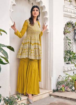 yellow faux georgette embroidered semi stitched top & bottom with dupatta 1