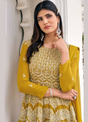 yellow faux georgette embroidered semi stitched top & bottom with dupatta 2