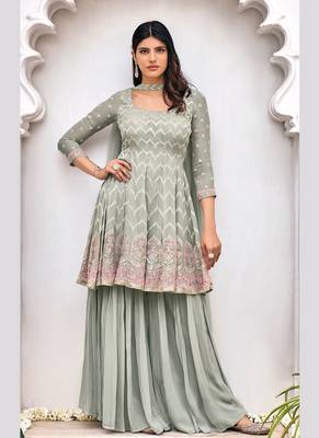 grey faux georgette embroidered semi stitched top & bottom with dupatta 1