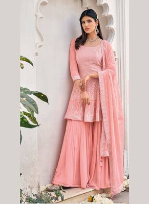 peach faux georgette embroidered semi stitched top & bottom with dupatta 1