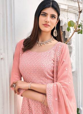 peach faux georgette embroidered semi stitched top & bottom with dupatta 2