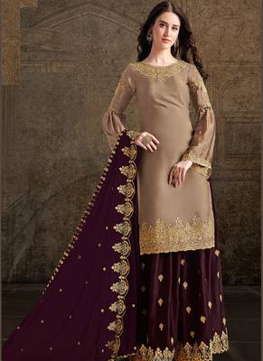 beige satin embroidered semi stitched top & bottom with dupatta 1