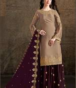 beige satin embroidered semi stitched top & bottom with dupatta
