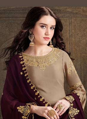 beige satin embroidered semi stitched top & bottom with dupatta 2