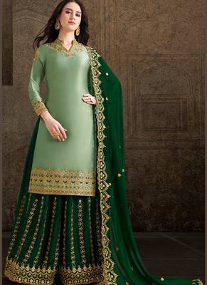 green satin embroidered semi stitched top & bottom with dupatta 1