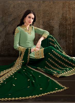 green satin embroidered semi stitched top & bottom with dupatta 2