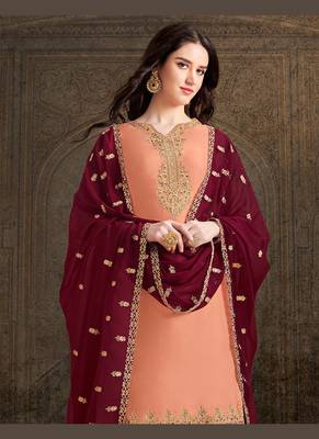 peach satin embroidered semi stitched top & bottom with dupatta 2