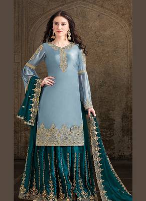 blue satin embroidered semi stitched top & bottom with dupatta 1