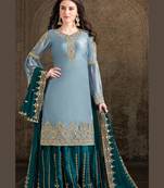 blue satin embroidered semi stitched top & bottom with dupatta