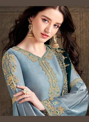 blue satin embroidered semi stitched top & bottom with dupatta 2