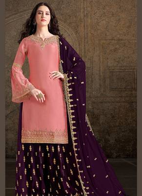 pink satin embroidered semi stitched top & bottom with dupatta 1