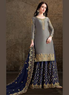 Grey satin embroidered semi stitched top & bottom with dupatta 1
