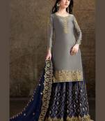 Grey satin embroidered semi stitched top & bottom with dupatta
