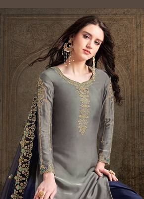 Grey satin embroidered semi stitched top & bottom with dupatta 2