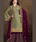 olive satin embroidered semi stitched top & bottom with dupatta