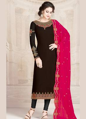 brown faux georgette embroidered semi stitched top & bottom with dupatta 1