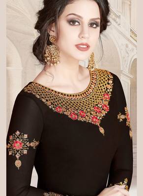 brown faux georgette embroidered semi stitched top & bottom with dupatta 2