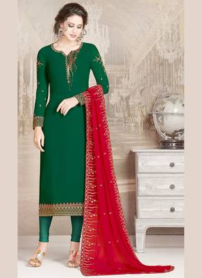 green faux georgette embroidered semi stitched top & bottom with dupatta 1