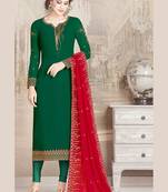 green faux georgette embroidered semi stitched top & bottom with dupatta