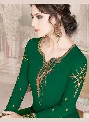 green faux georgette embroidered semi stitched top & bottom with dupatta 2