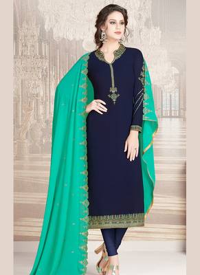 blue faux georgette embroidered semi stitched top & bottom with dupatta 1