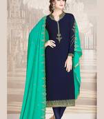 blue faux georgette embroidered semi stitched top & bottom with dupatta