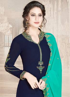 blue faux georgette embroidered semi stitched top & bottom with dupatta 2