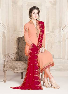 peach faux georgette embroidered semi stitched top & bottom with dupatta 1