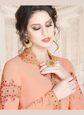 peach faux georgette embroidered semi stitched top & bottom with dupatta 2