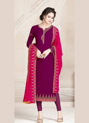purple faux georgette embroidered semi stitched top & bottom with dupatta 1