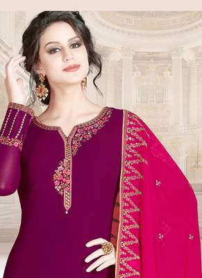 purple faux georgette embroidered semi stitched top & bottom with dupatta 2