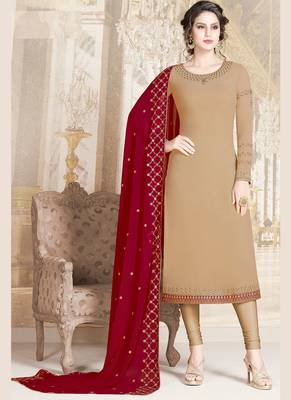 cream faux georgette embroidered semi stitched top & bottom with dupatta 1