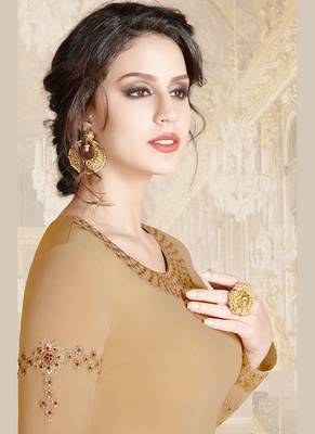cream faux georgette embroidered semi stitched top & bottom with dupatta 2