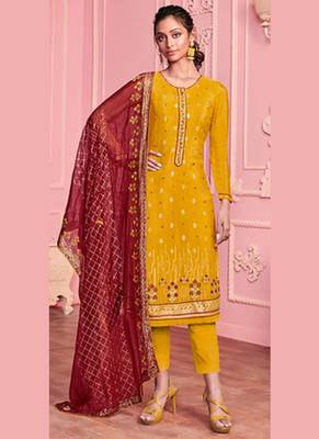 yellow georgette embroidered semi stitched top & bottom with dupatta 1