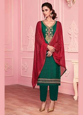 green georgette embroidered semi stitched top & bottom with dupatta 1