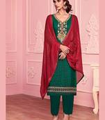 green georgette embroidered semi stitched top & bottom with dupatta